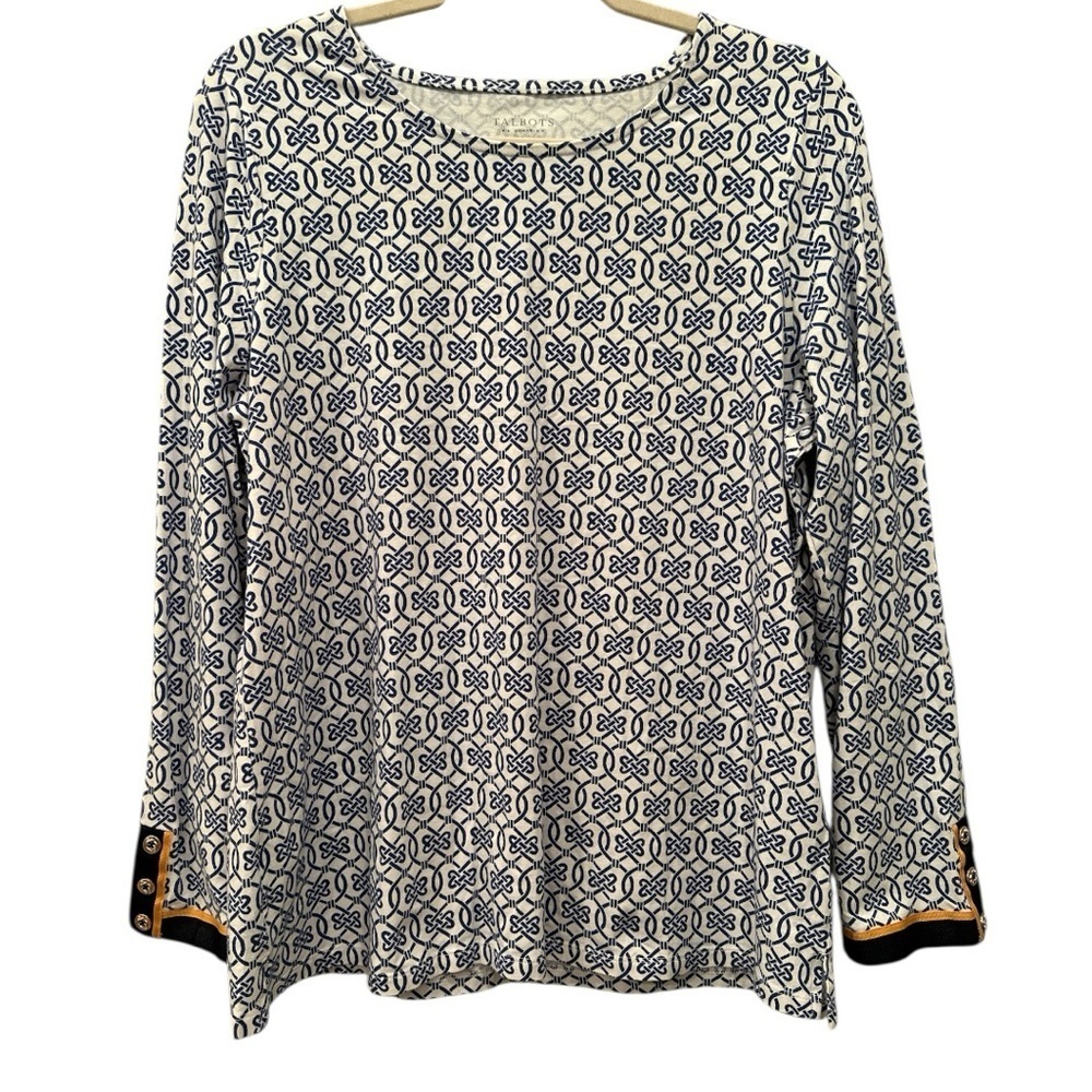 Talbots Navy White Geometric Long Sleeve Blouse Gold Buttons Nautical Sz 1X